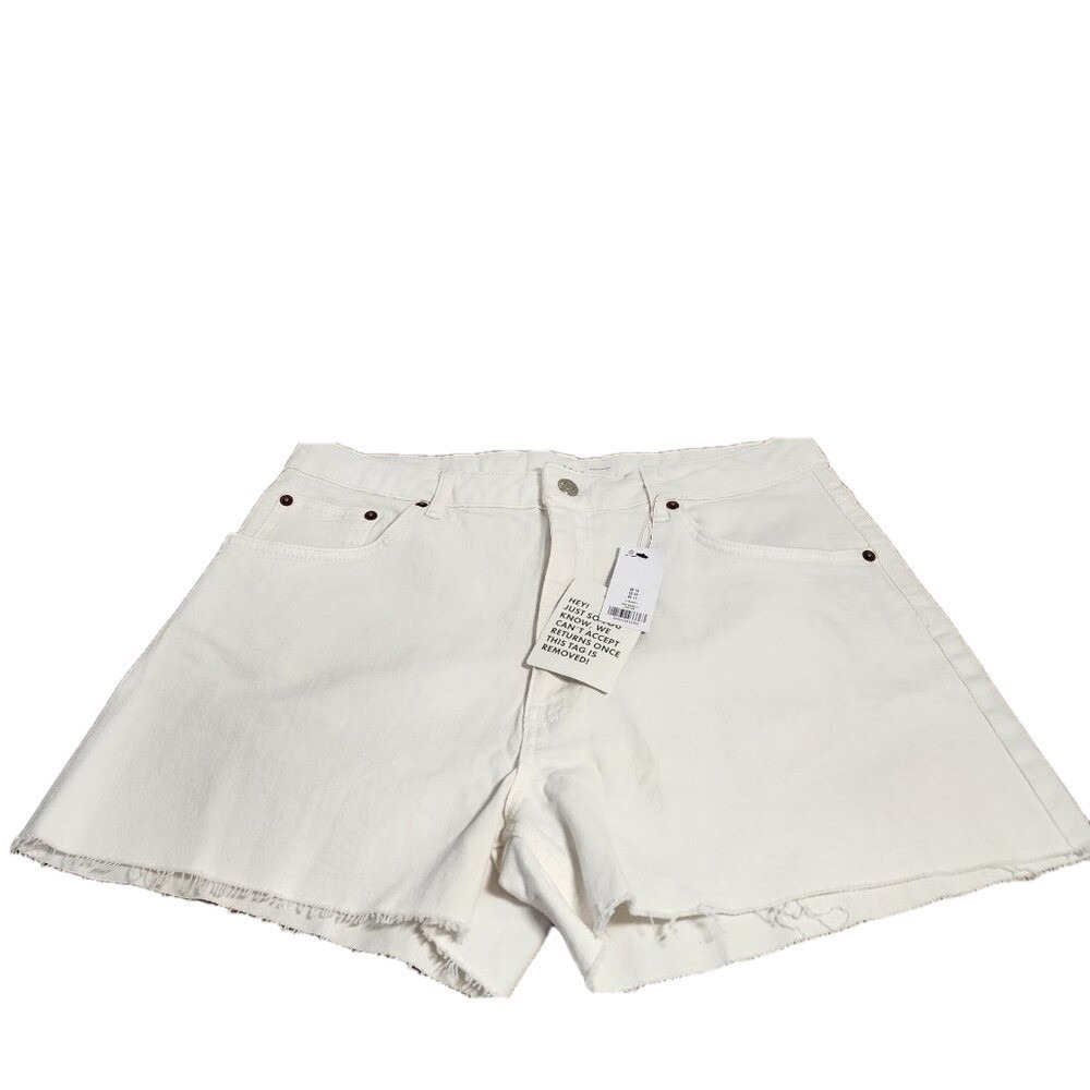 Topshop Womens White Stretch Denim Shorts Frayed Hem Mid Rise Size 12 UK 16 NWT